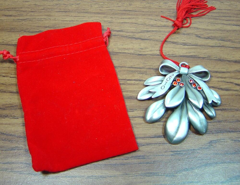 AVON PEWTER ORNAMENT-MISTLETOE WITH RED RHINESTONE ACCENTS-2010-RED VELVET BAG